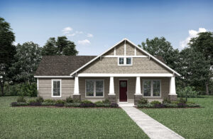 This single-story Drees Custom Homes house in TX boasts a gable roof, beige siding, and a striking red front door. The charming front porch with white columns is the perfect spot to enjoy views of the Painted Tree community's lush, manicured lawns and trees.