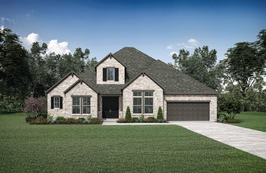 A modern, single-story brick house situated in the Painted Tree community of McKinney, TX, features a large front lawn and attached garage. Its sloped roof stands under a clear blue sky, offering a perfect blend of contemporary design and Southern charm.