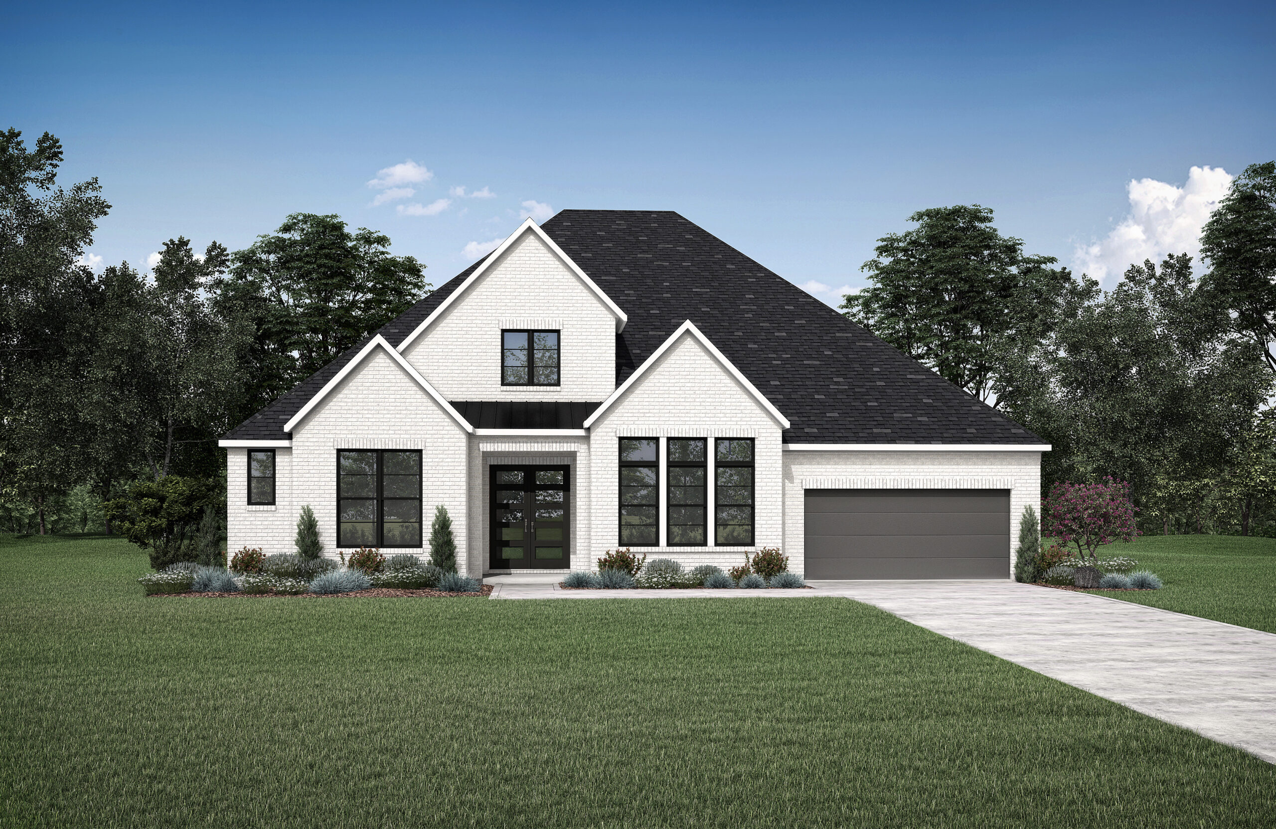 Discover a modern single-story house crafted by Drees Custom Homes, featuring a dark roof, light brick exterior, large windows, and a two-car garage. Nestled in the scenic landscapes of McKinney, TX, it is surrounded by lush lawns and trees under a clear blue sky.