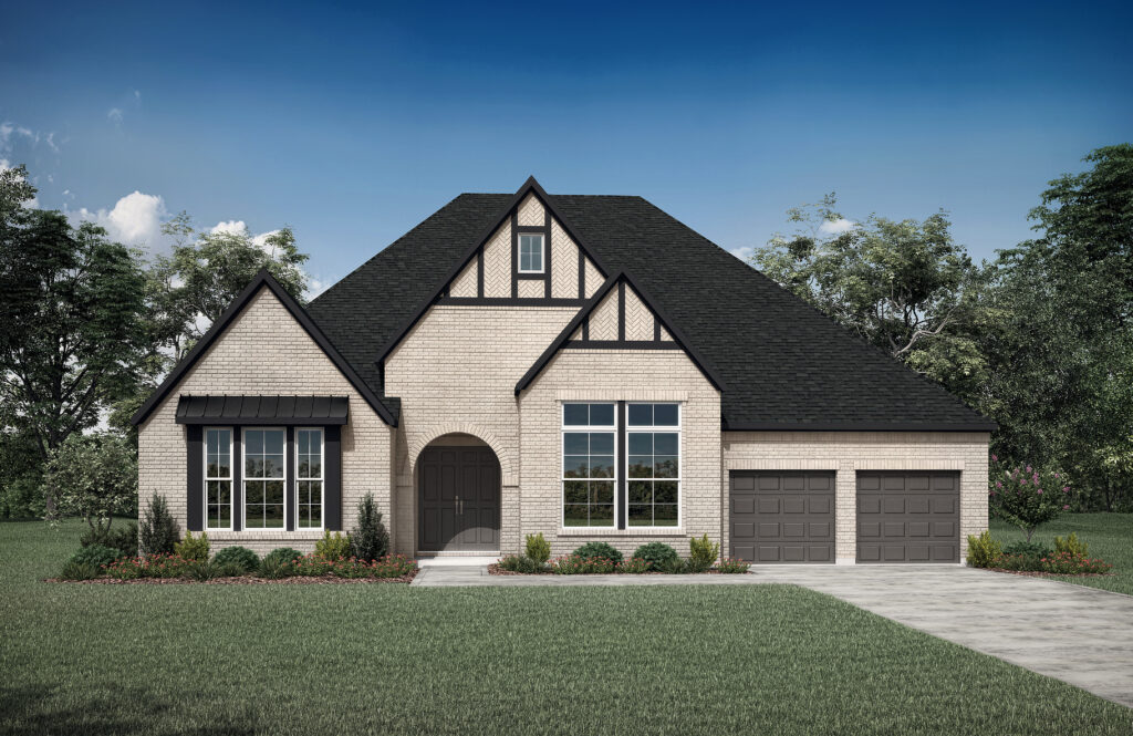 A beautifully designed Drees Custom Homes creation, this two-story brick house in TX boasts a dark roof, two garages, and large front windows. Surrounded by a lush green lawn and trees, it offers an idyllic setting reminiscent of the serene Painted Tree landscapes.