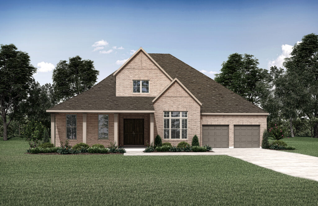 A charming brick house with a triangular roof and a front porch, set in the serene Painted Tree community of McKinney, TX. Featuring two large windows, a two-car garage, and nestled on a grassy lawn with trees in the background, this new home offers both style and comfort.