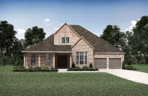 A charming brick house with a triangular roof and a front porch, set in the serene Painted Tree community of McKinney, TX. Featuring two large windows, a two-car garage, and nestled on a grassy lawn with trees in the background, this new home offers both style and comfort.