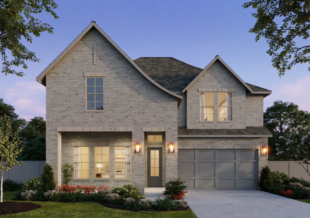 This two-story brick house by Southgate Homes in McKinney, TX, features a gray roof, well-lit windows, and a two-car garage. It's surrounded by tidy landscaping and rests elegantly under the twilight sky.