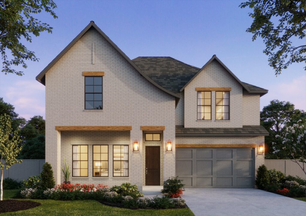 This charming two-story brick house by Southgate Homes features large windows, a gray roof, and a double garage. The front yard is adorned with small shrubs and flowers. Set against the clear TX sky at dusk, it truly epitomizes elegant new homes in the region.