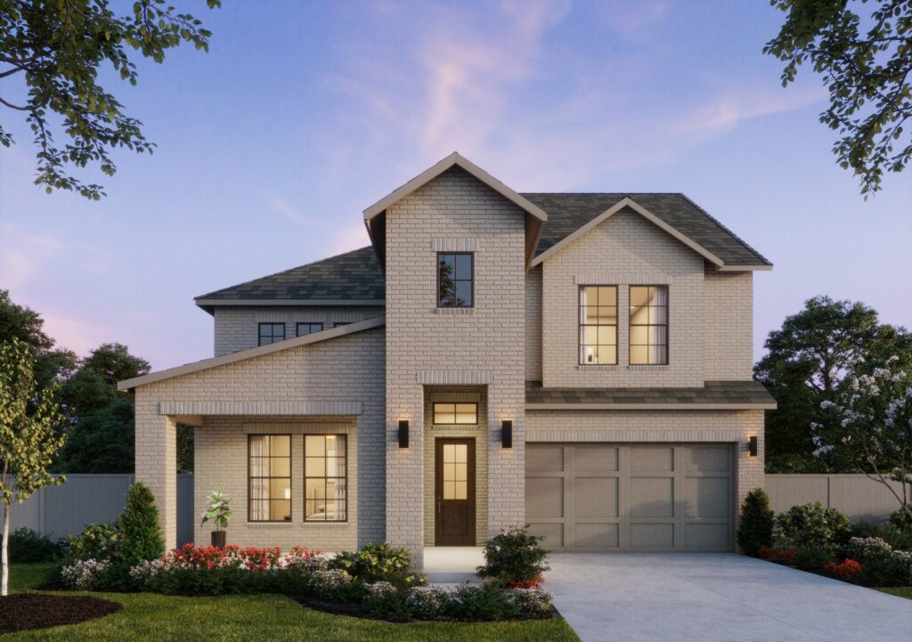 A two-story brick house by Southgate Homes features large windows, a double garage, and a landscaped front yard. Nestled in TX, the sky is clear, hinting at a beautiful sunset or sunrise.