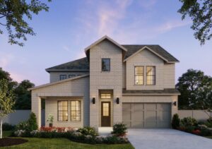 A two-story brick house by Southgate Homes features large windows, a double garage, and a landscaped front yard. Nestled in TX, the sky is clear, hinting at a beautiful sunset or sunrise.