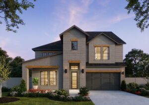 This Southgate Homes beauty in TX boasts a two-story brick facade and dark roof, complemented by a double garage. Set against a twilight sky, its well-maintained lawn and lush greenery offer an inviting glimpse into the charm of new homes in the area.