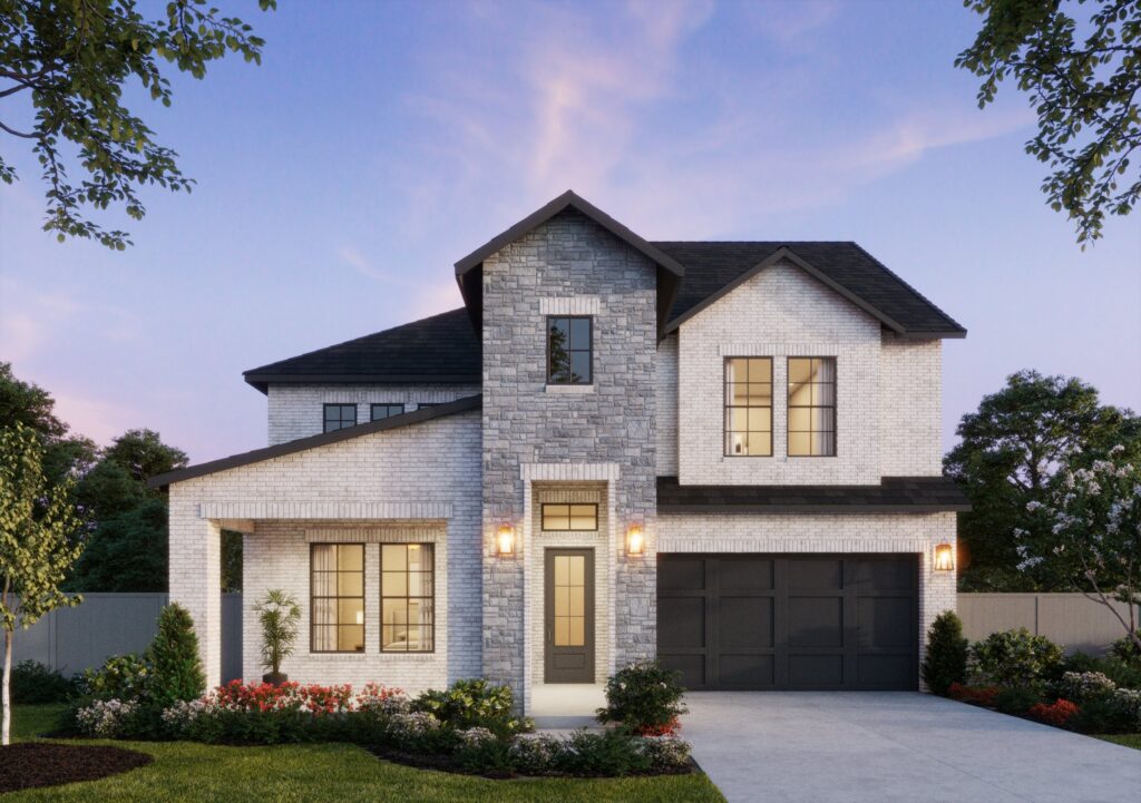 Discover this two-story modern house by Southgate Homes in McKinney, featuring a stone and brick facade, a sleek black garage door, and elegantly lit exterior lights. Nestled beneath a twilight sky, it's surrounded by a manicured lawn and trees, epitomizing the allure of new homes.