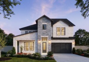 Discover this two-story modern house by Southgate Homes in McKinney, featuring a stone and brick facade, a sleek black garage door, and elegantly lit exterior lights. Nestled beneath a twilight sky, it's surrounded by a manicured lawn and trees, epitomizing the allure of new homes.