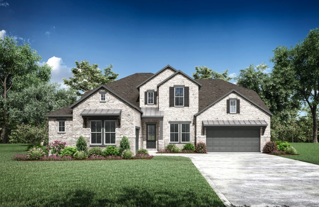 A two-story brick house, crafted by Drees Custom Homes, features a dark roof, a garage, and a landscaped front yard under the clear blue TX sky. Perfectly nestled among new homes in McKinney.