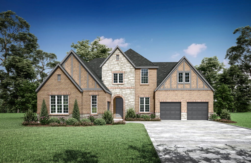 A two-story brick house with a gable roof, stone accents, and two garages nestles beautifully in Painted Tree by Drees Custom Homes. Surrounded by trees and a lush lawn under a clear blue sky, this is one of the stunning new homes in McKinney.