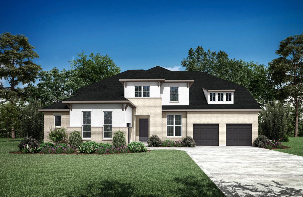 This beautiful two-story brick house, crafted by Drees Custom Homes in the picturesque Painted Tree community, features a dark roof, two garages, and a wide driveway. The lush grass and trees enhance its charm under the clear blue sky. Perfect for those seeking new homes in McKinney.