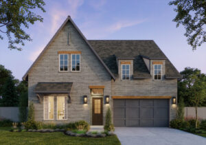 Discover a modern two-story Southgate Homes marvel in McKinney, featuring a brick exterior, expansive windows, and a double garage under a pitched roof, all nestled amid lush lawns and trees. Perfect for those seeking new homes with style and comfort.