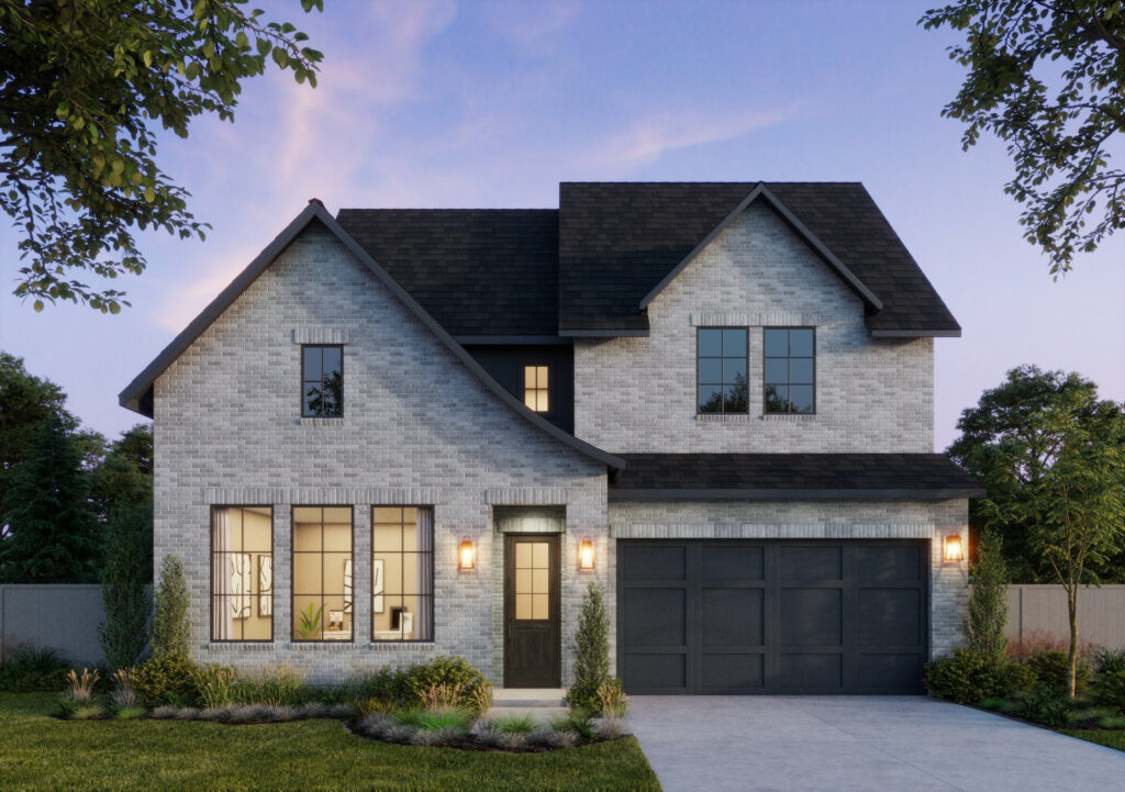 A two-story brick house by Southgate Homes, featuring dark roofing, lit windows, and a double garage. Nestled in TX, it is surrounded by a small lawn and trees against a twilight sky—one of the finest new homes available.