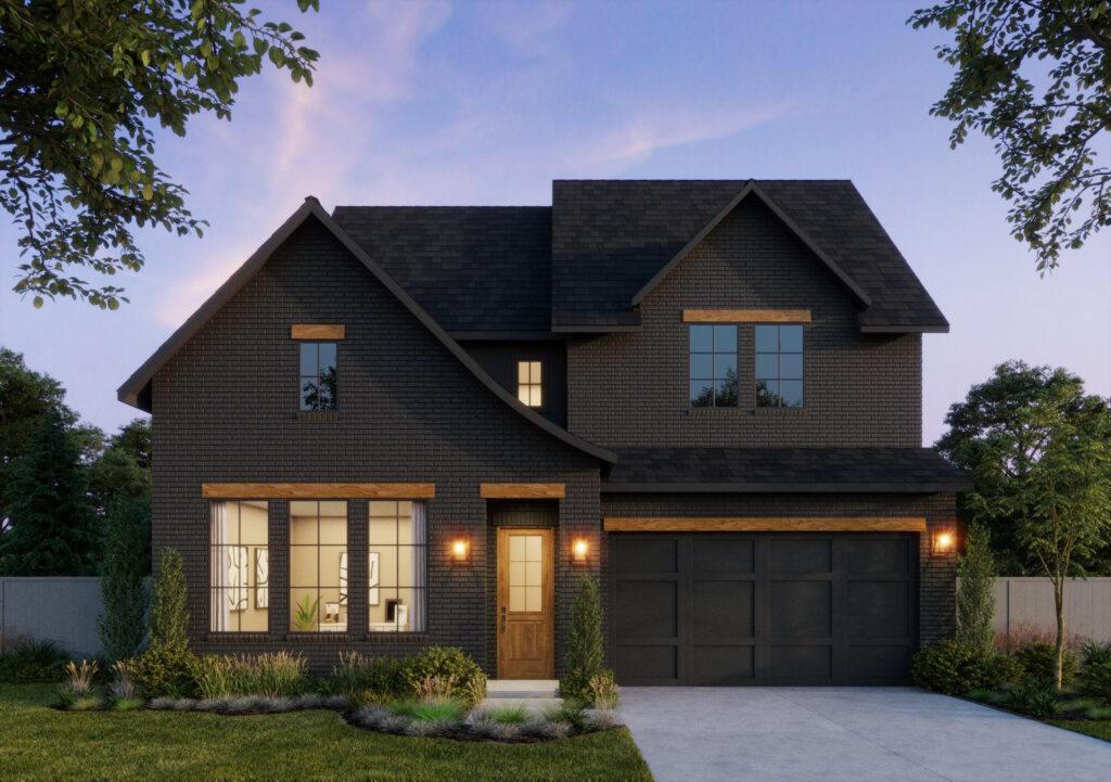 Nestled in McKinney, this Southgate Homes two-story brick house boasts a dark exterior, large windows, and a double garage door. The front yard features small shrubs and a neatly trimmed lawn, embodying the charm seen in new homes throughout the area.