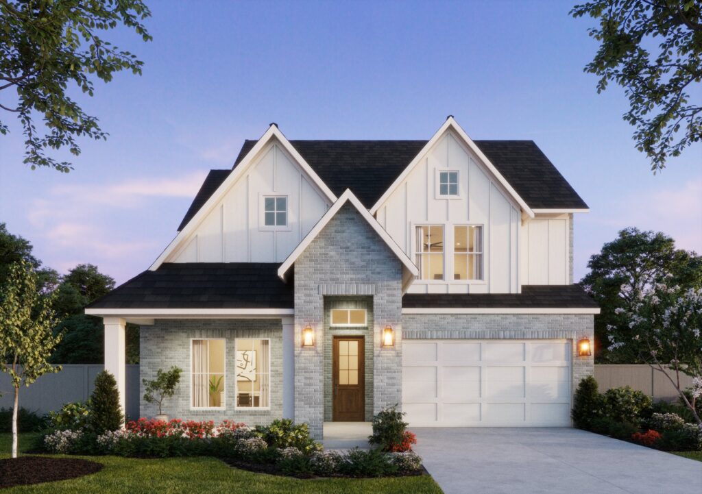 This elegant two-story house by Southgate Homes in TX features gray brick and white siding, a double garage, and a cozy front porch. The landscaped yard boasts lush grass, vibrant flowers, and towering trees under a clear blue sky.