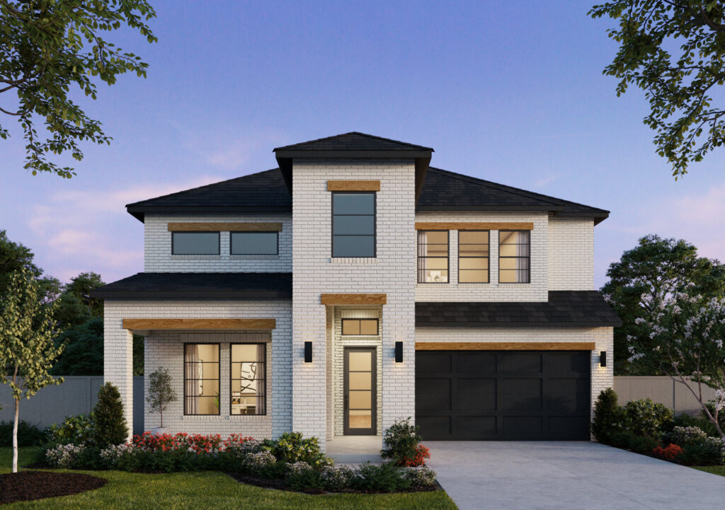 Southgate Homes presents a modern two-story white brick house with large windows, a black roof, and a dark garage door. Surrounded by a manicured lawn and lush greenery under the clear TX sky, this new home showcases elegance and contemporary design.