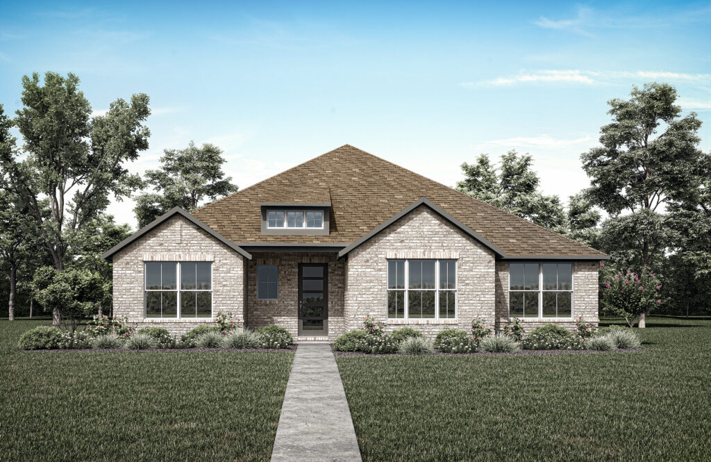 This charming single-story brick house, crafted by Drees Custom Homes, features a brown roof and multiple windows. Surrounded by lush grass and small shrubs, it boasts a stone pathway leading to the entrance—a perfect example of new homes in McKinney's Painted Tree community.