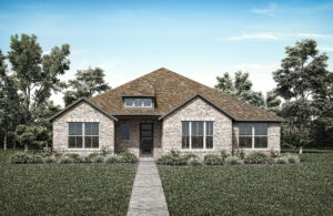 This charming single-story brick house, crafted by Drees Custom Homes, features a brown roof and multiple windows. Surrounded by lush grass and small shrubs, it boasts a stone pathway leading to the entrance—a perfect example of new homes in McKinney's Painted Tree community.