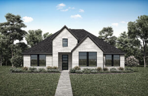 Discover this charming single-story white brick house by Drees Custom Homes in TX. It boasts a dark roof and multiple large windows, nestled in a grassy yard with a straight concrete path leading to the front door. The scenic surroundings of Painted Tree enhance its serene ambiance.