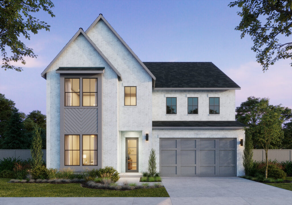 This two-story modern house in McKinney, built by Southgate Homes, features a white brick exterior, large windows, and a double garage. Surrounded by trees and a lush lawn, it looks picturesque under the clear blue sky at dusk.