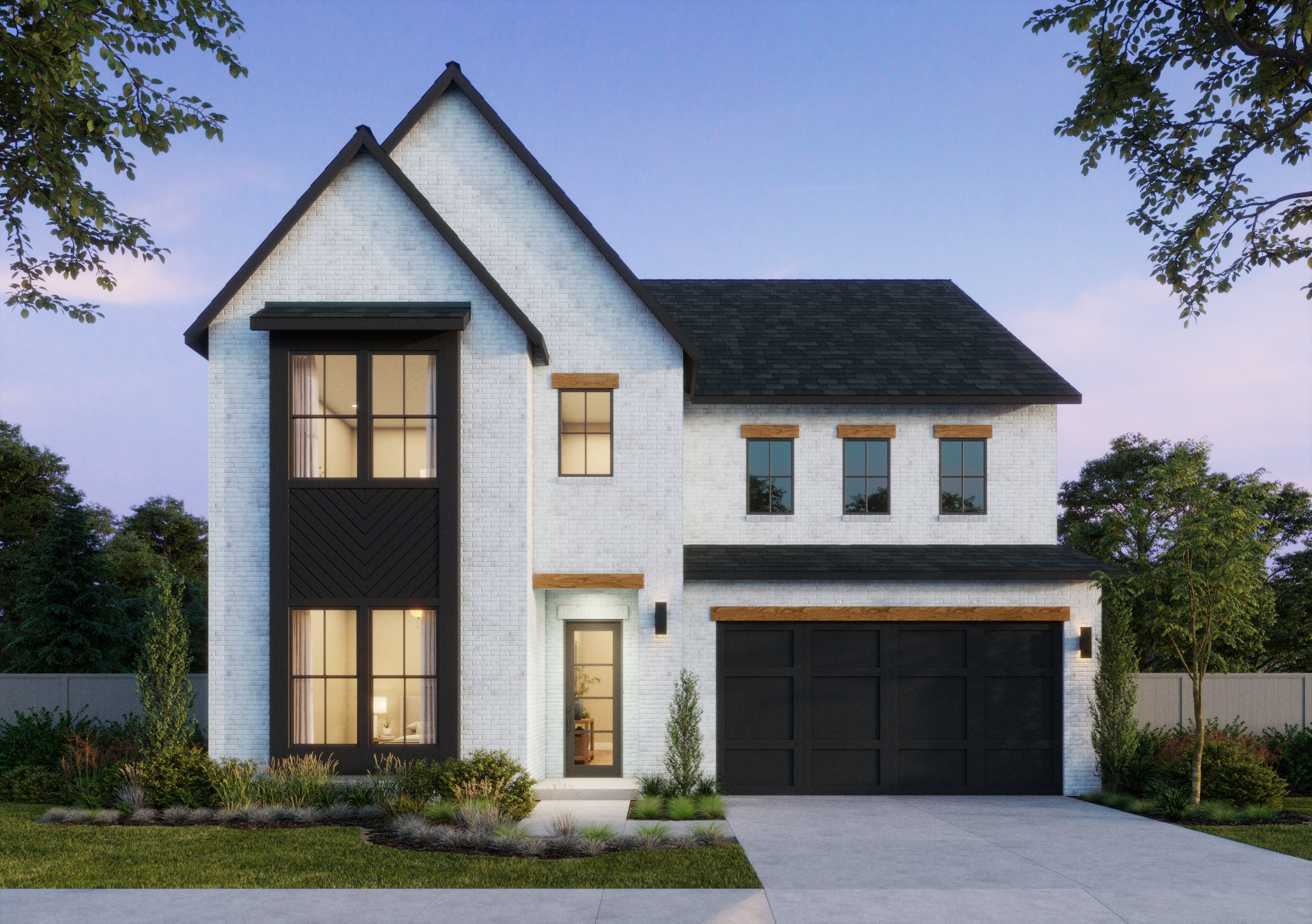 Discover this modern two-story Southgate Homes residence in McKinney, featuring a striking white brick exterior and a dark roof. The home boasts three upper windows, a spacious two-car garage, and is beautifully surrounded by lush landscaping—perfect for those seeking new homes in the area.