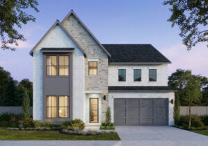 This Southgate Homes two-story modern marvel in TX boasts a blend of brick and stone exterior, large windows, and a two-car garage. Surrounded by manicured lawns and trees, it's the perfect setting under the twilight sky to explore new homes in luxury living.