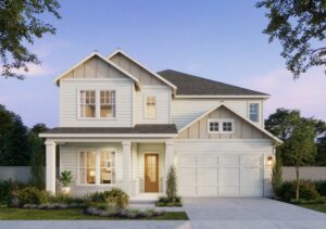 This two-story modern house, crafted by Southgate Homes, features a covered porch, single front door, and double garage. Set in McKinney, its white exterior with gray accents stands elegantly against the clear sky—an ideal choice for those seeking new homes.