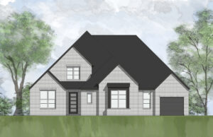 Illustration of a white brick house with a dark roof, multiple windows, a front entrance, and an attached garage. This Drees Custom Home is set amidst Painted Trees and beneath a cloudy sky, showcasing the serene beauty of new homes in McKinney.