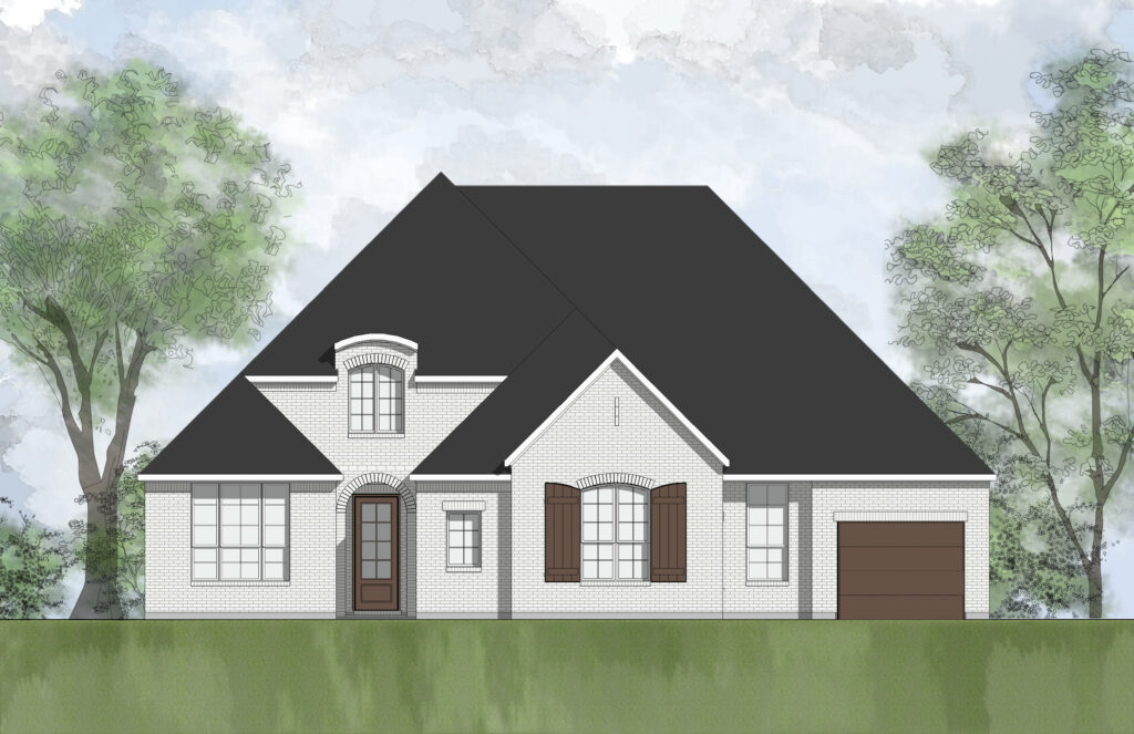 Illustration of a single-story house by Drees Custom Homes with a dark roof, white brick exterior, arched window, and wooden shutters, nestled amid the serene landscape of Painted Tree in TX.