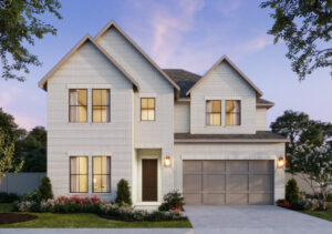 This charming two-story white brick house, crafted by Southgate Homes, features a dark front door and a spacious two-car garage. The front yard boasts small shrubs and flowers under the clear TX sky, offering a delightful setting for new homeowners.