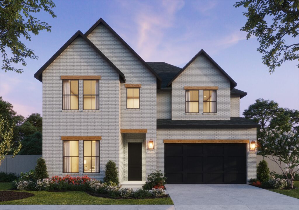 In McKinney, this two-story white brick house boasts a dark roof and a spacious two-car garage. The front yard is adorned with shrubs and flowers, all under a clear dusk sky, exemplifying the charm of new homes in TX.