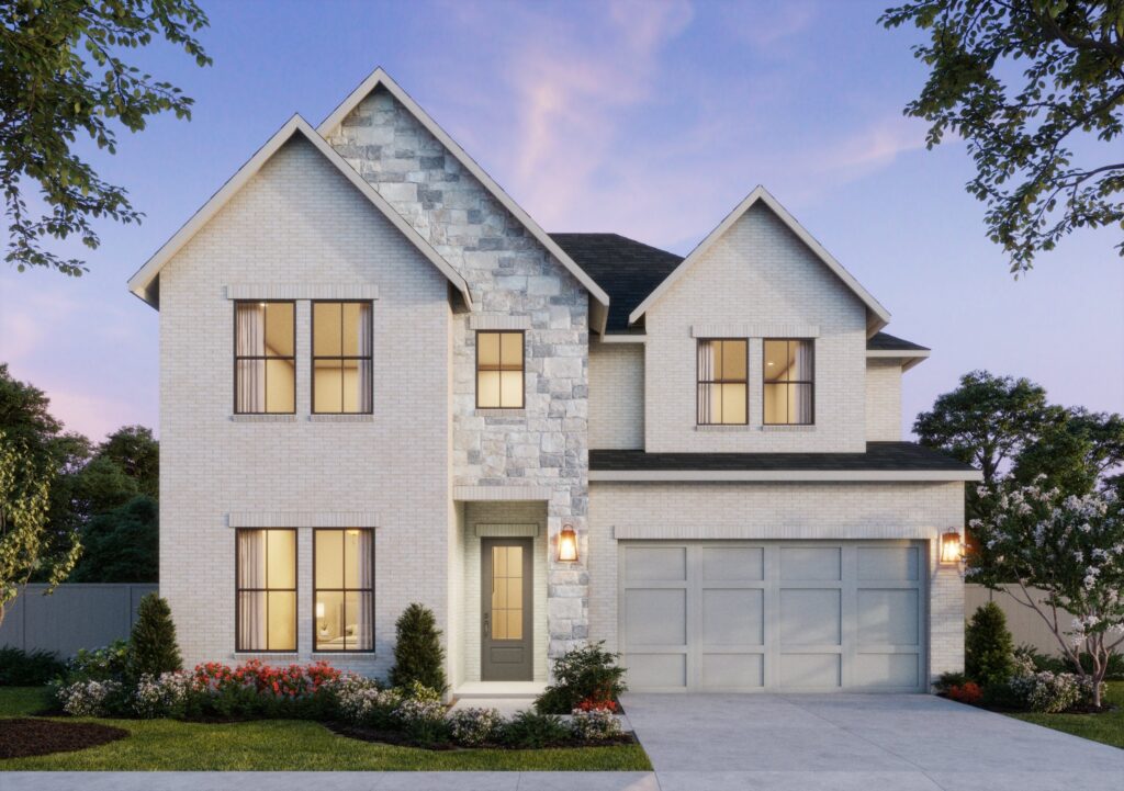 This Southgate Homes two-story residence in McKinney, TX features a light brick and stone exterior, large windows, a two-car garage, and a beautifully landscaped front yard, all set against a stunning twilight sky.