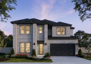 Nestled in McKinney, TX, this new two-story brick house features a dark roof and spacious garage. The front yard boasts neatly trimmed shrubs and colorful flowers, perfectly framed by the dusky evening sky.