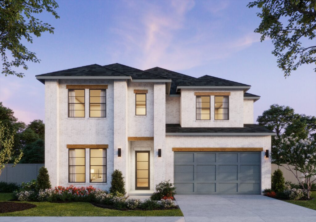 A two-story modern house in McKinney by Southgate Homes, featuring a light brick exterior, dark roof, and a two-car garage. This new home is beautifully surrounded by a small landscaped garden.