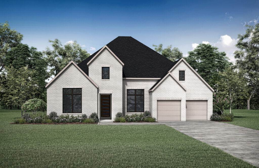 Discover a modern two-story home in the tranquil Painted Tree community, McKinney, TX. Featuring a white brick exterior, black roof, large windows, and a two-car garage amidst lush trees and a grassy lawn—it's your perfect retreat.