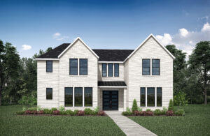 Experience the elegance of this two-story modern white brick house by Drees Custom Homes. Featuring large windows and a sleek black front door, the home is set against the clear blue TX sky. A pathway winds through lush shrubbery, offering a preview of new homes in McKinney's finest neighborhoods.