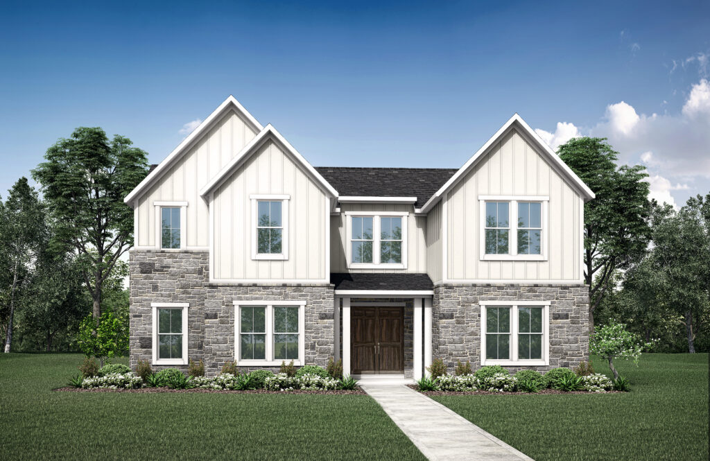 Nestled in McKinney, TX, this new two-story home boasts a charming blend of mixed stone and white siding. With a black roof, wooden front door, and picturesque surroundings reminiscent of Painted Tree's beauty, it offers a serene grassy lawn and trees beneath the expansive blue sky.