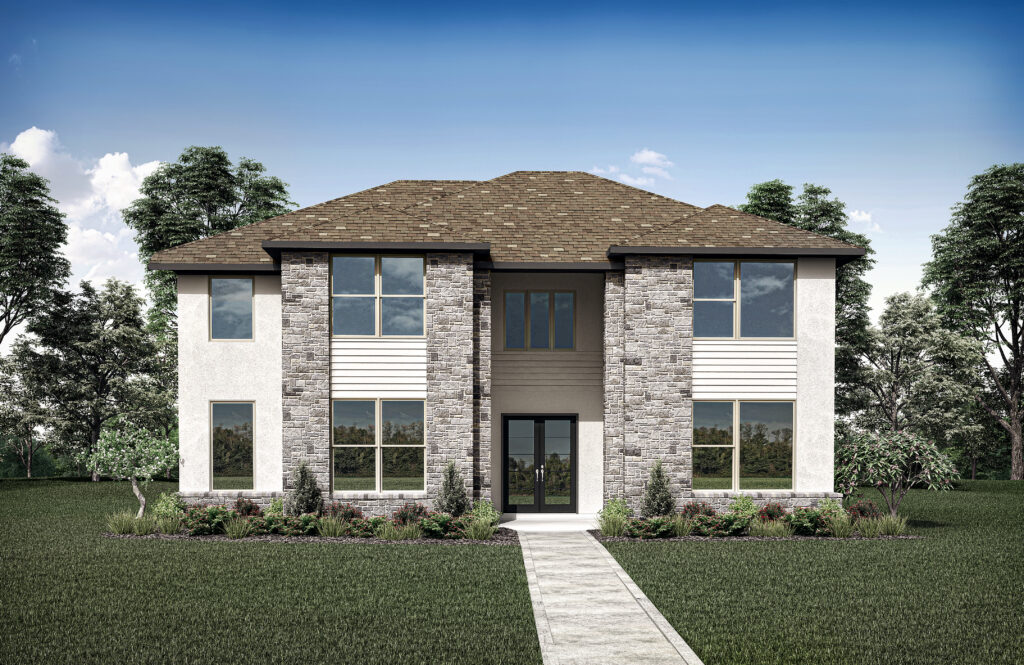 A two-story modern house in the serene Painted Tree community, TX, features a stone facade, large windows, and a brown roof. Surrounded by lush grass and trees under a clear blue sky, it's one of the stunning new homes McKinney has to offer.