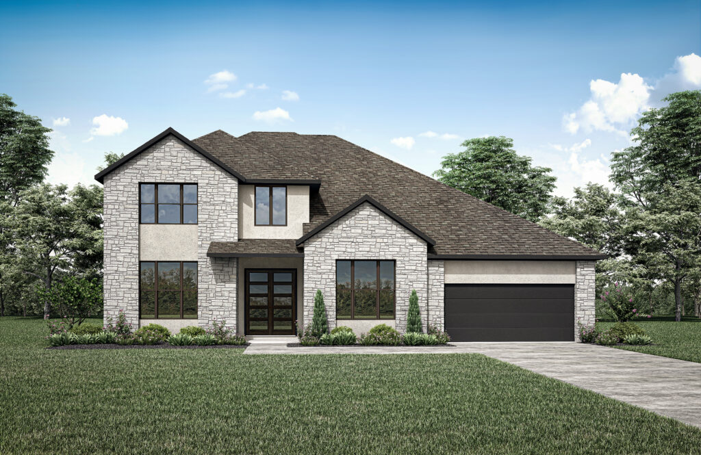 Nestled in a serene backdrop of trees and grass, this two-story modern house features a stone and stucco exterior with a dark roof. Part of the Painted Tree community's new homes in McKinney, it includes an attached garage and showcases the elegance of Drees Custom Homes.