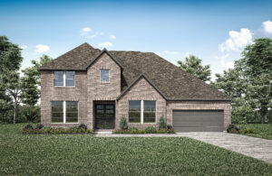 A two-story brick house in McKinney, TX, with a gabled roof designed by Drees Custom Homes, featuring a double garage and a neatly landscaped front yard under a clear blue sky.