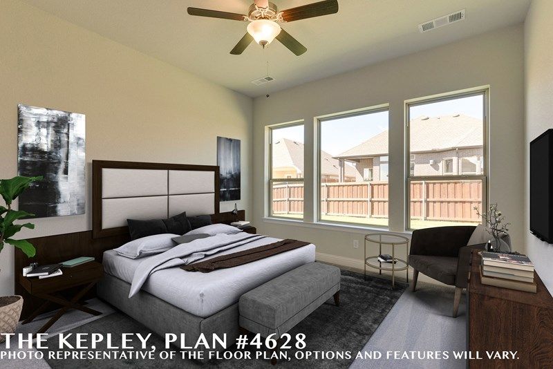 Modern bedroom with a large bed, nightstands, chair, artwork, and three large windows providing natural light. Discover The Kepley, Plan #4628 at Painted Tree McKinney—stylish homes for sale in McKinney Texas.