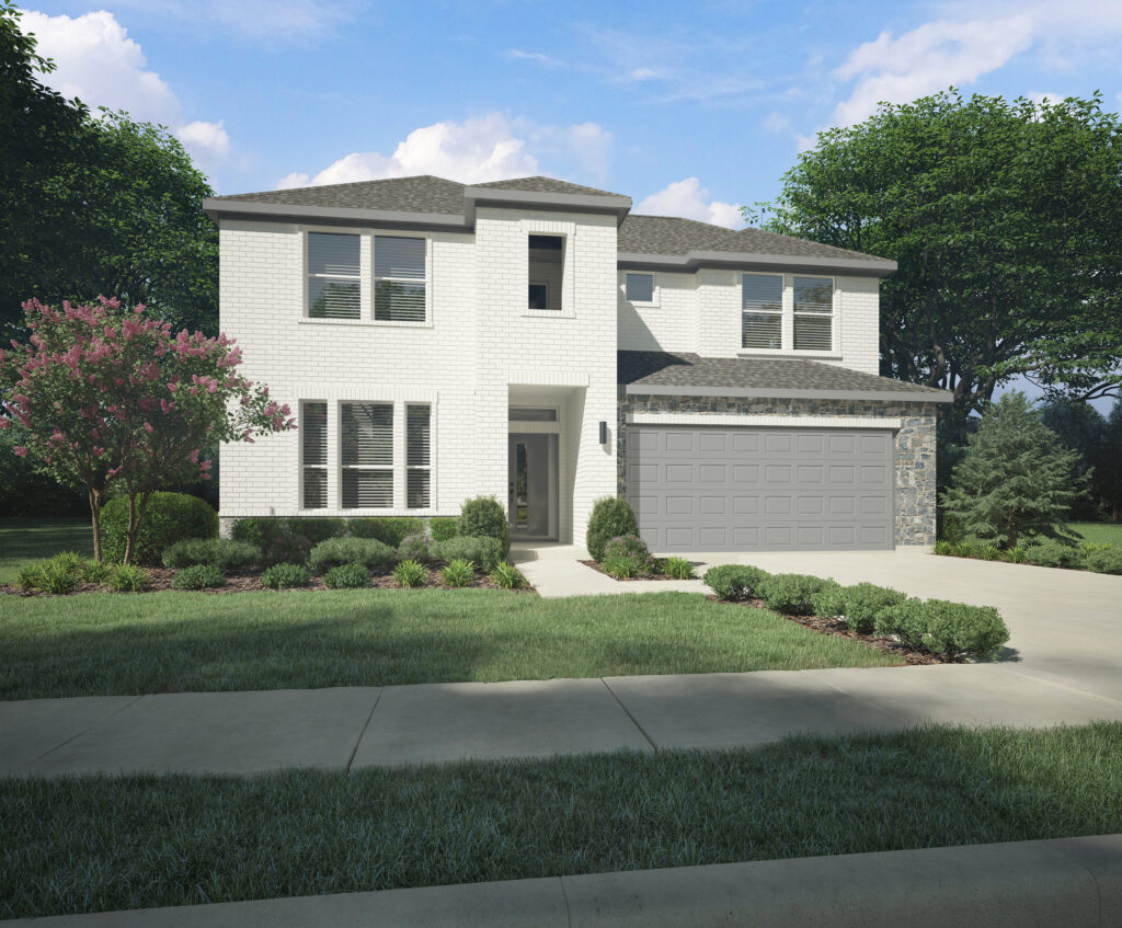 This modern, two-story white brick house by Trophy Signature Homes features a spacious two-car garage, surrounded by lush greenery and a stately tree under the clear, blue Texas sky.