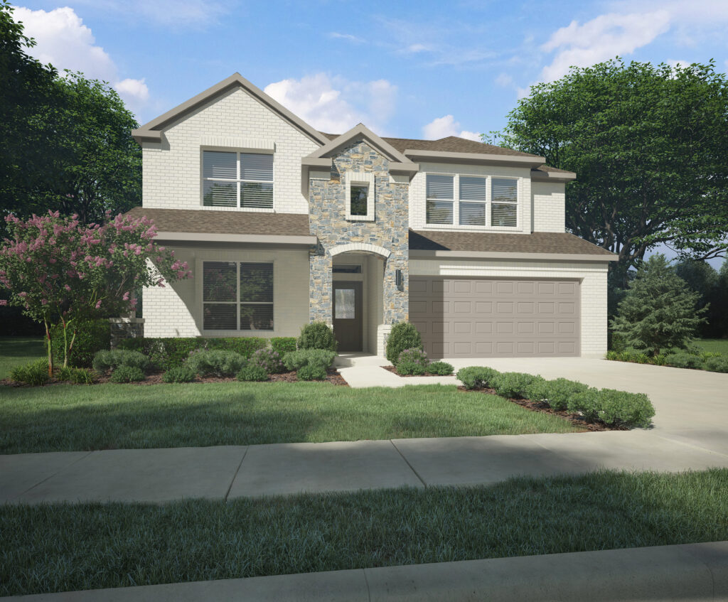 This two-story Trophy Signature Home in McKinney's Painted Tree community boasts a stone and brick facade, double garage, and manicured front lawn, all set against a backdrop of trees under a clear blue sky.