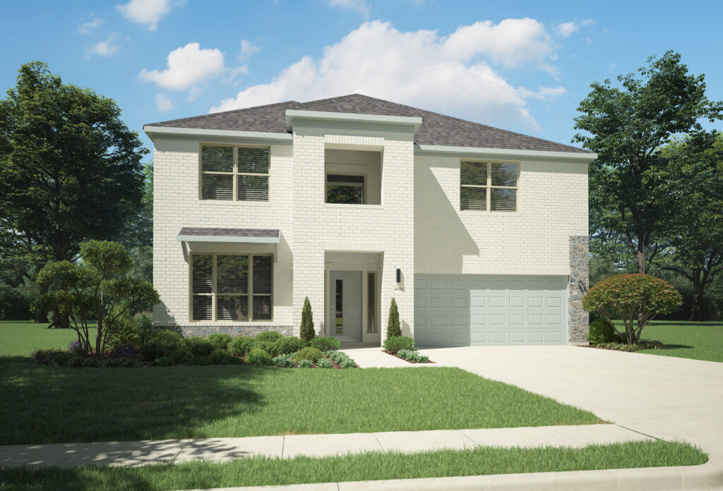 This two-story modern house by Trophy Signature Homes in McKinney boasts a light brick exterior, dark roof, and large windows. It features a double garage and a front yard with shrubs, nestled amid trees under the clear blue skies of the Painted Tree community.