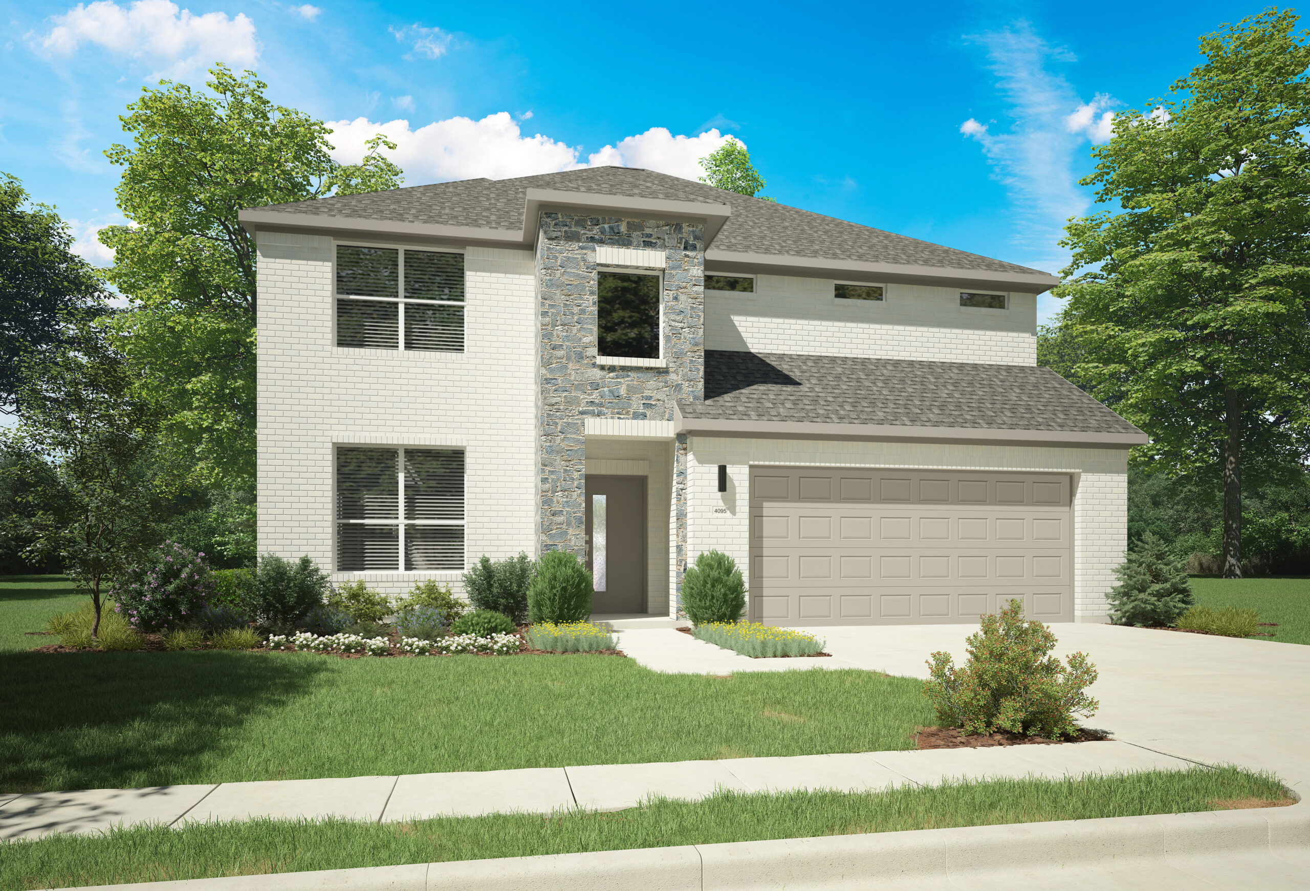 This two-story white brick house, nestled in the Painted Tree community, features a stone-accented entrance, a two-car garage, and a driveway. Surrounded by a well-maintained lawn and trees under Texas's clear blue sky, it exemplifies the quality of Trophy Signature Homes.