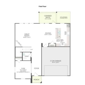 First floor plan in Painted Tree McKinney features a porch, foyer, flex room, powder room, great room, dining area, kitchen with pantry, 2-car garage, and covered patio. Stairs lead to the upper floor. Explore Painted Tree homes for sale today!.