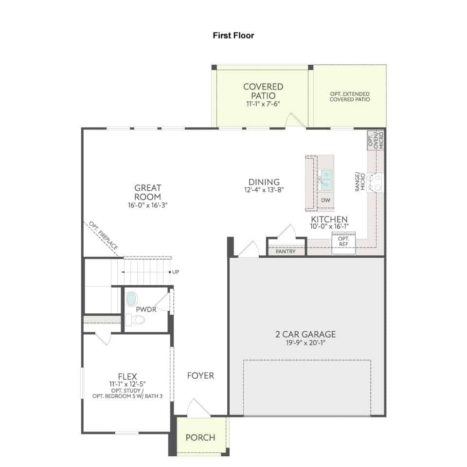 First floor plan in Painted Tree McKinney features a porch, foyer, flex room, powder room, great room, dining area, kitchen with pantry, 2-car garage, and covered patio. Stairs lead to the upper floor. Explore Painted Tree homes for sale today!.