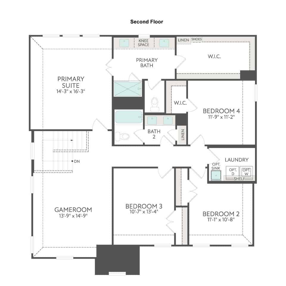 Second floor layout in Painted Tree McKinney features a primary suite, three bedrooms, two bathrooms, two walk-in closets, a laundry room, and a gameroom. Stairs are conveniently located near the gameroom.