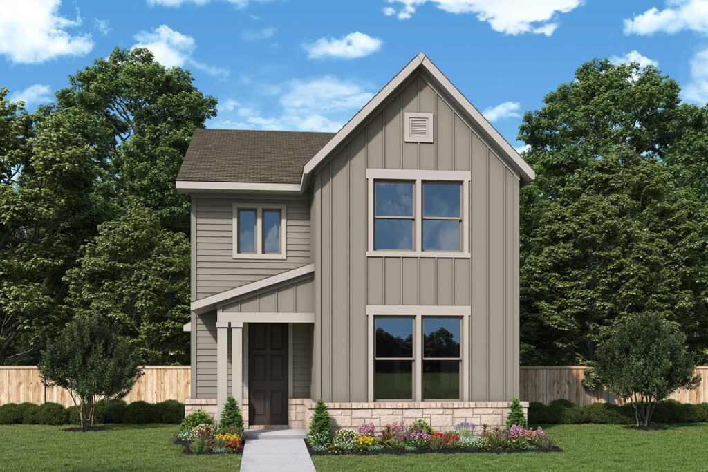 The two-story gray house, part of the stunning new Painted Tree community by David Weekley Homes, features large windows and is surrounded by vibrant green grass and shrubs. A welcoming walkway leads to the front door, all set against a backdrop of blue sky with fluffy clouds.